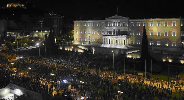 Crowd celebrating victory of NO vote at Syntagma